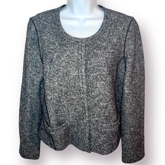 LOFT Pocket Chic Tweed Wool Cotton Blend Blazer Jacket Marled Grey Black 8 - Picture 1 of 13